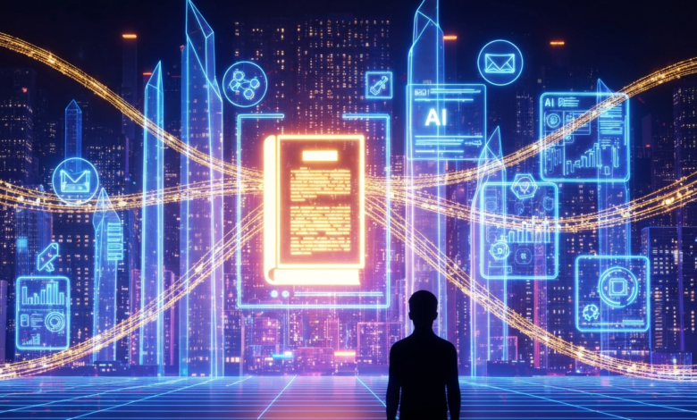 Silhouette stands before a glowing cityscape with AI and data icons.