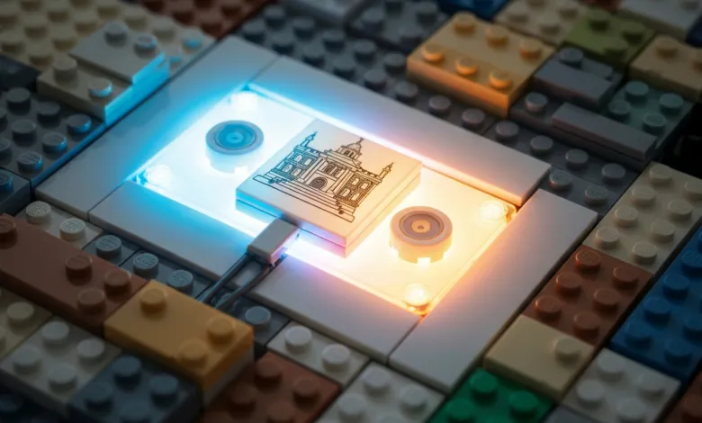 LEGO bricks with illuminated building design, creative toy scene.