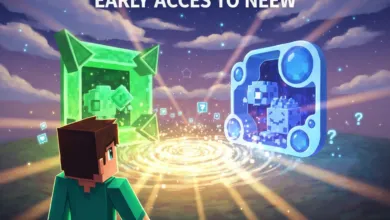 Minecraft character looks at glowing green and blue portals in a starry sky.