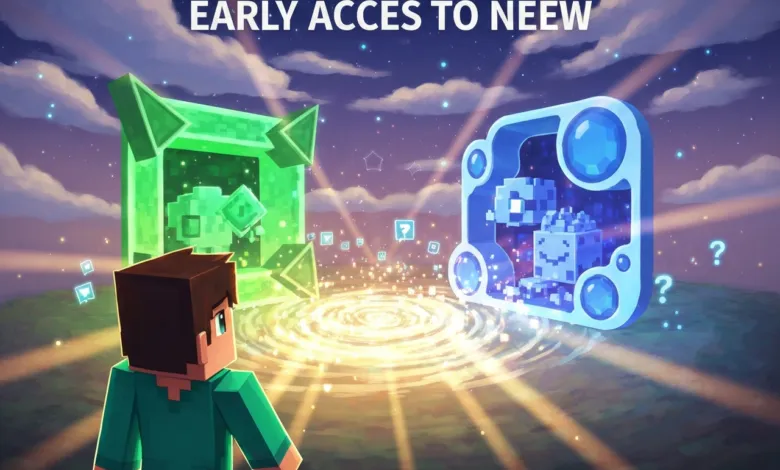 Minecraft character looks at glowing green and blue portals in a starry sky.