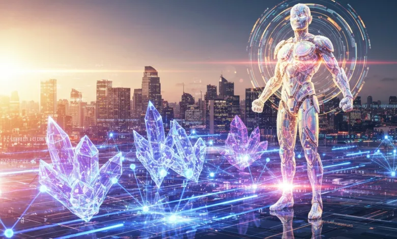 Futuristic robot stands before city skyline with glowing crystals.