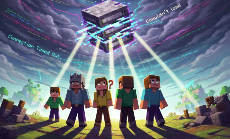 Minecraft characters look up at a server with error messages in the sky.