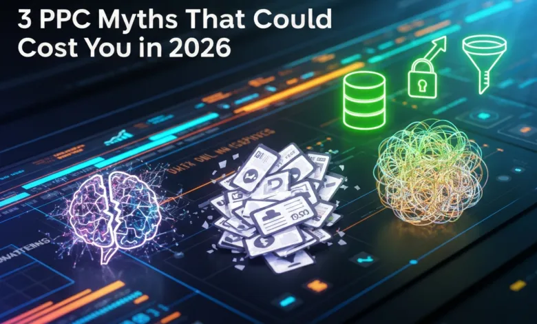 Abstract digital illustration about PPC myths and potential financial costs.