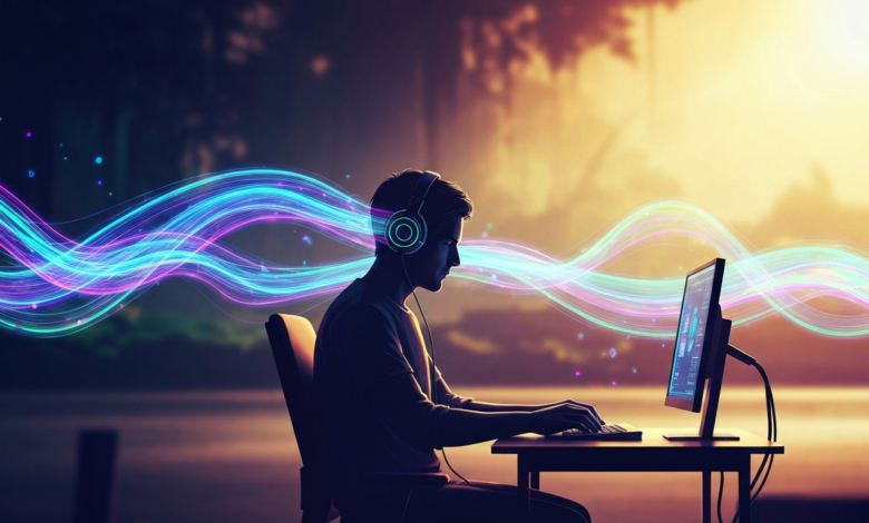 Person wearing headphones uses computer with glowing data streams.