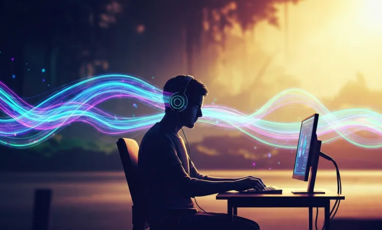 Person wearing headphones uses computer with glowing data streams.