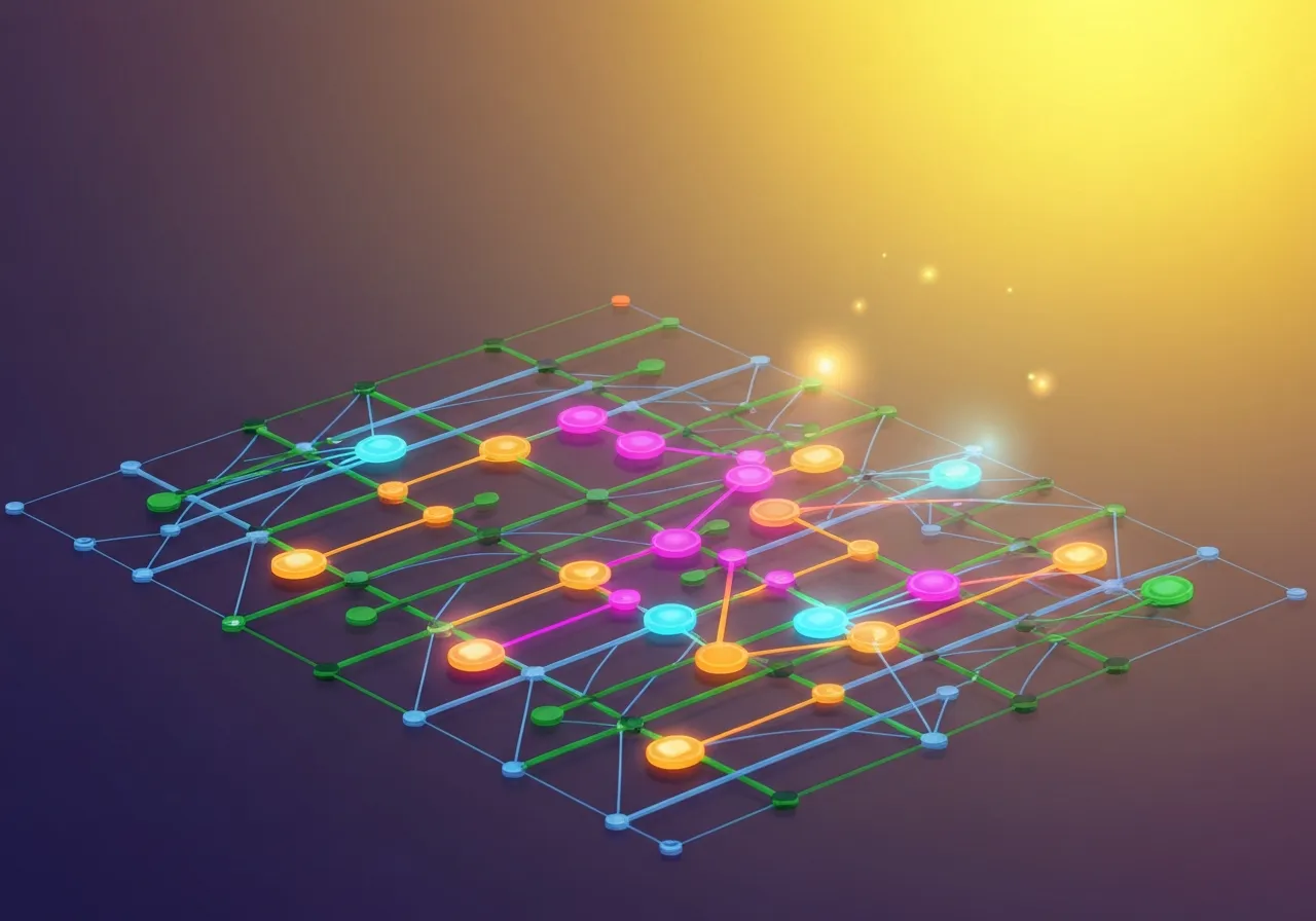 Abstract network diagram with colorful nodes and connections.