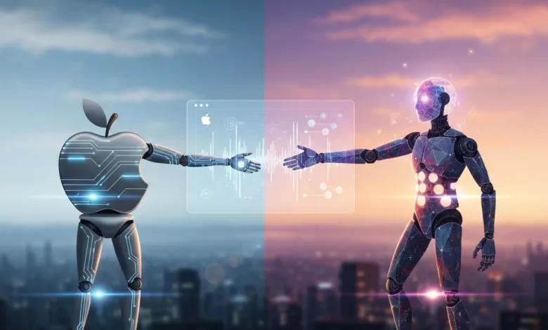 Apple logo robot and AI robot reaching hands across a digital interface.