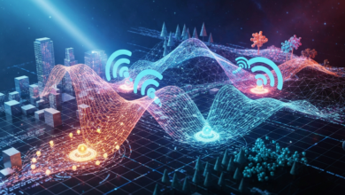 Abstract digital landscape with city, trees, and WiFi signals.