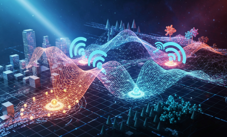 Abstract digital landscape with city, trees, and WiFi signals.