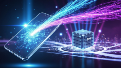 Smartphone connected to edge computing server via data streams.