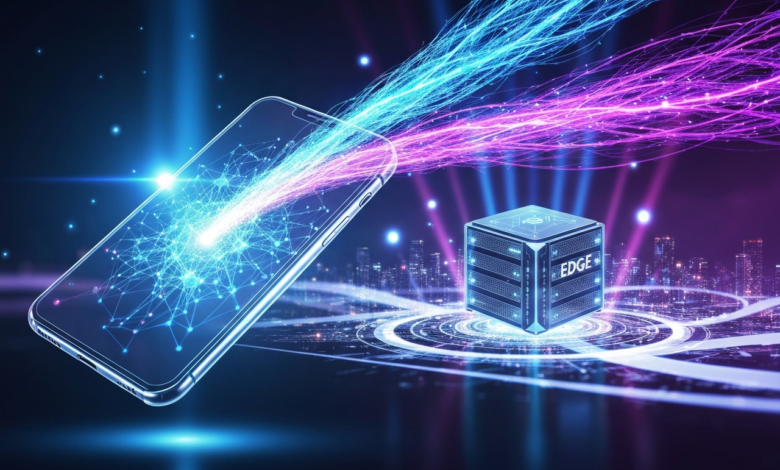 Smartphone connected to edge computing server via data streams.