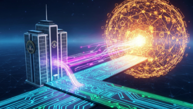 Futuristic building connected to glowing orb via circuit board pathways.