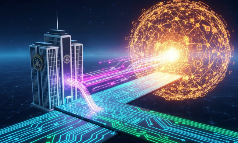 Futuristic building connected to glowing orb via circuit board pathways.