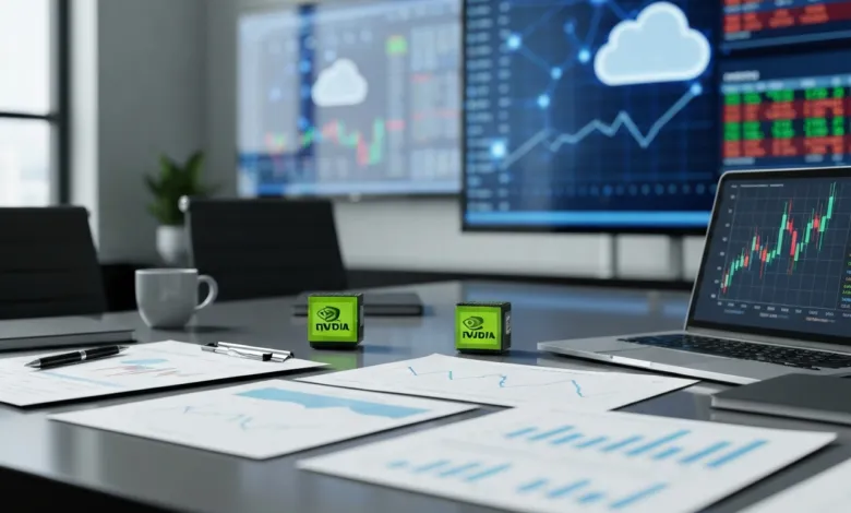 Conference table with financial data, laptop, and NVIDIA branded items.
