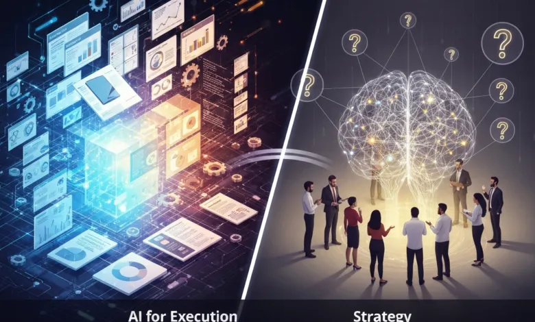 AI execution and strategy concept with data visualizations and brainstorming.