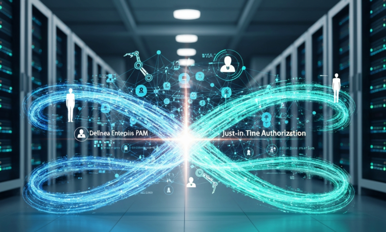 Data center with digital overlay showing PAM and authorization concepts.