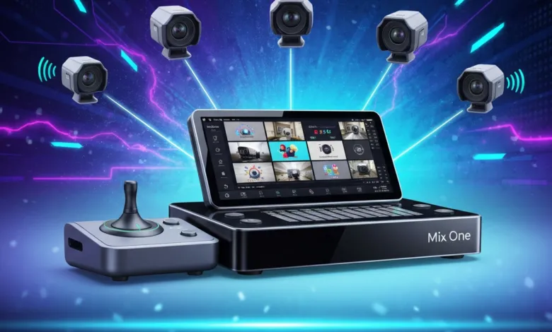 Surveillance system with cameras, monitor, and joystick controller.