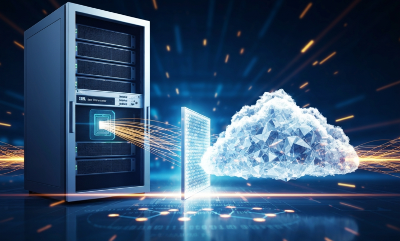 Server rack connected to a data matrix and a cloud, representing cloud computing.