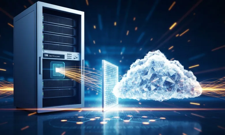 Server rack connected to a data matrix and a cloud, representing cloud computing.