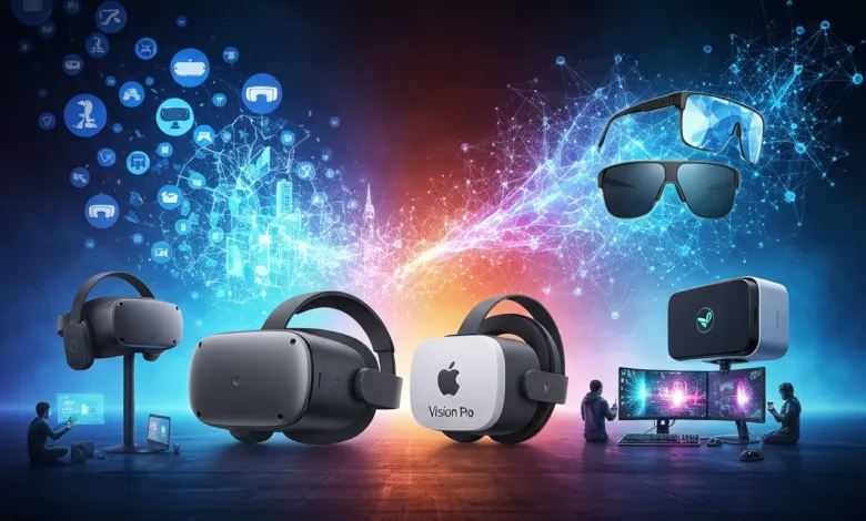 VR headsets and smart glasses displayed with digital network overlay.