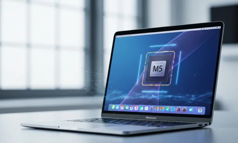 Laptop displaying M5 chip graphic on screen, modern design.