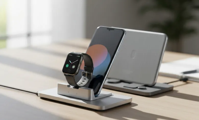 Smartwatch and smartphone charging on a sleek silver dock.