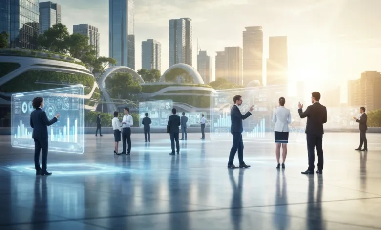 Business people interact with holographic displays in futuristic city.