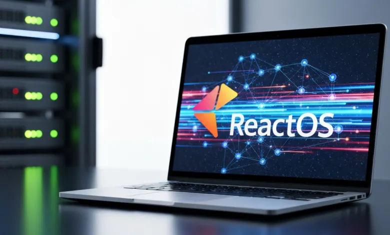 Laptop displaying ReactOS logo with server rack in background.
