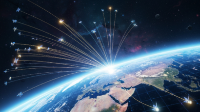 Earth with satellites orbiting and connecting via beams of light.