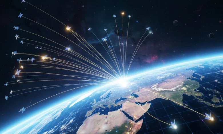 Earth with satellites orbiting and connecting via beams of light.