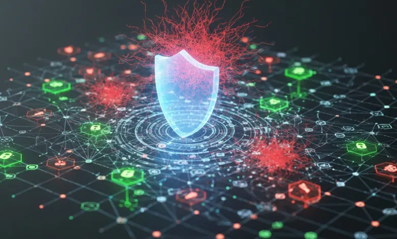 Glowing shield protects network from red virus-like threats.