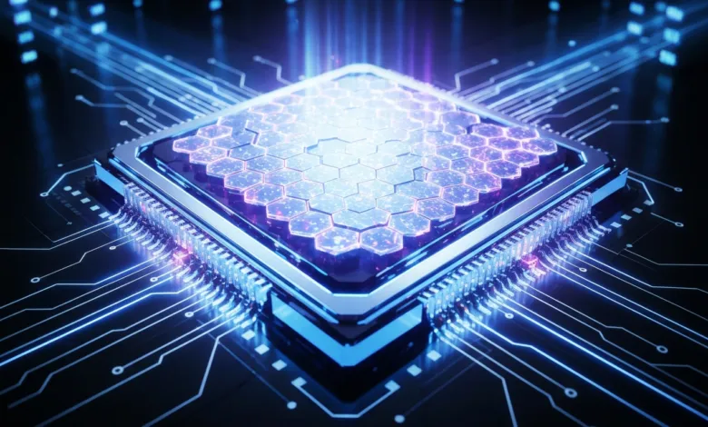 Close-up of a glowing, futuristic computer chip with hexagonal pattern.