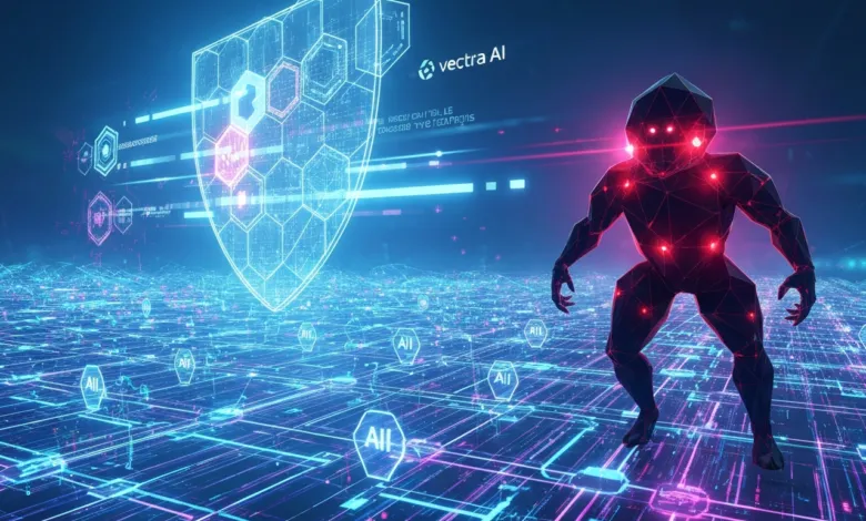 Futuristic AI security concept with digital shield and polygonal figure.