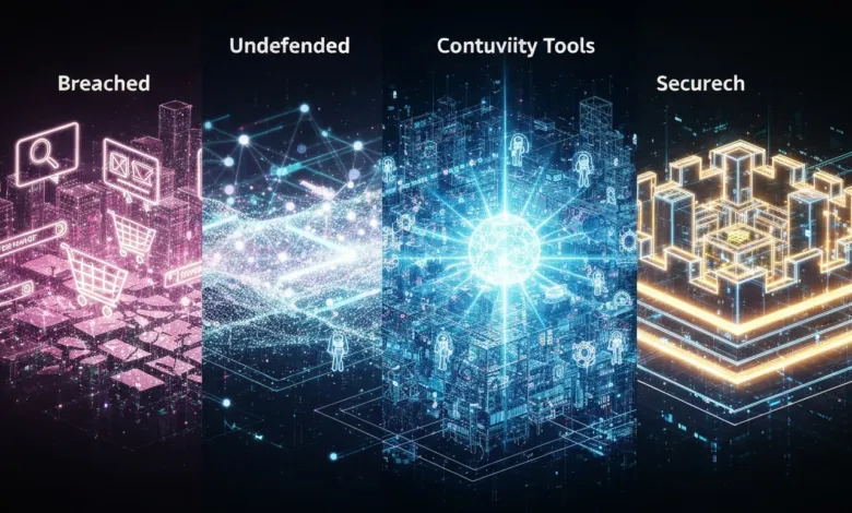 Digital illustration showing cybersecurity stages: breached, undefended, continuity tools, secure tech.
