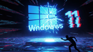 Windows 11 logo with lightning effect and silhouette of a person reaching out.
