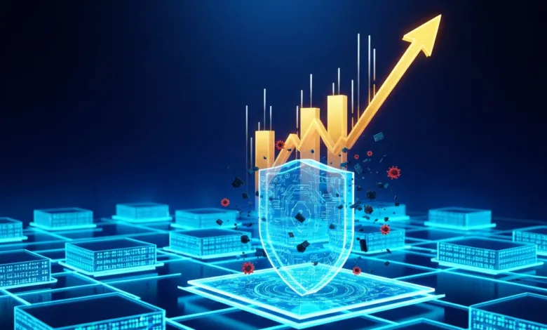 Digital shield protecting rising graph, symbolizing cybersecurity growth.