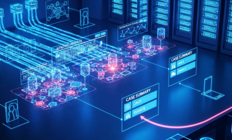 Futuristic server room with glowing data visualizations and case summaries.