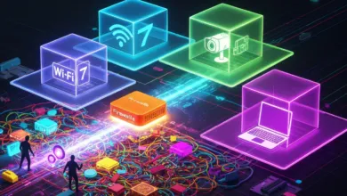 Abstract cybersecurity illustration with glowing cubes and tangled cables.