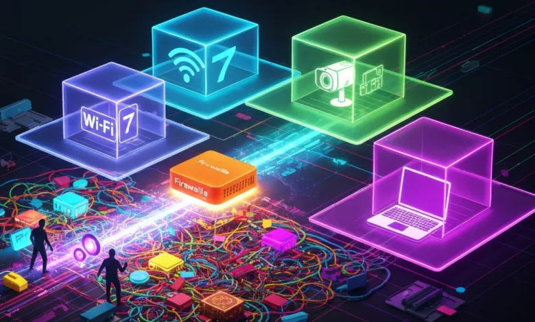 Abstract cybersecurity illustration with glowing cubes and tangled cables.