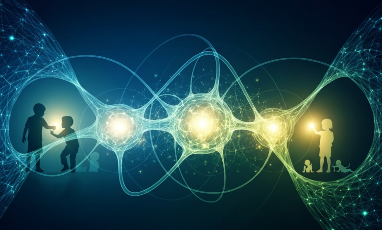 Abstract image of children's silhouettes connected by neural networks.