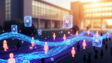 AI icons connect people in front of a building, symbolizing technology's impact.
