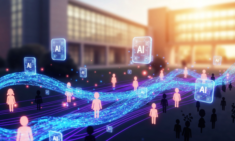 AI icons connect people in front of a building, symbolizing technology's impact.