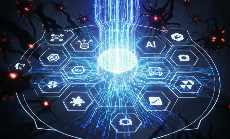 Futuristic AI interface with glowing icons and neural network connections.