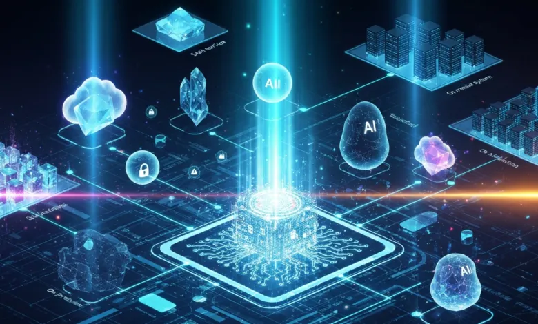 Abstract AI network with glowing nodes and connections on a dark background.