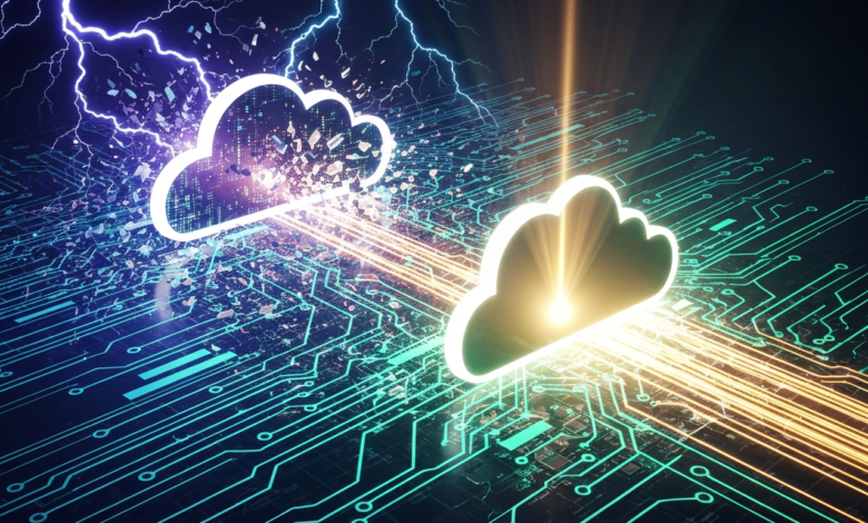 Two cloud icons on a circuit board with lightning and light beams.