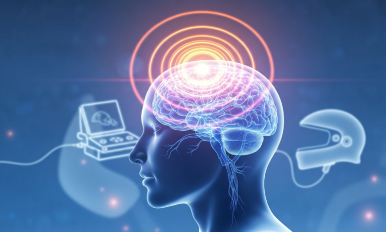 Human head with brain exposed, radiating energy waves.