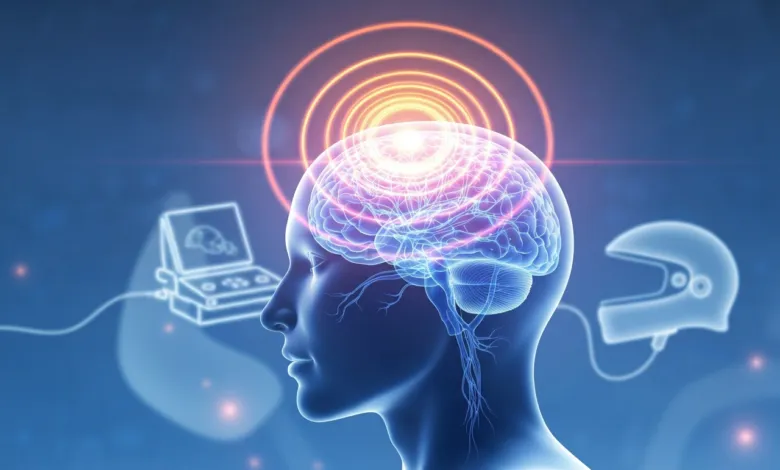 Human head with brain exposed, radiating energy waves.