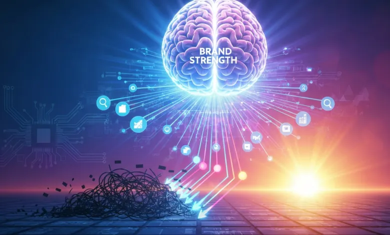 Glowing brain with 'Brand Strength' text, connected to data icons and a digital landscape.