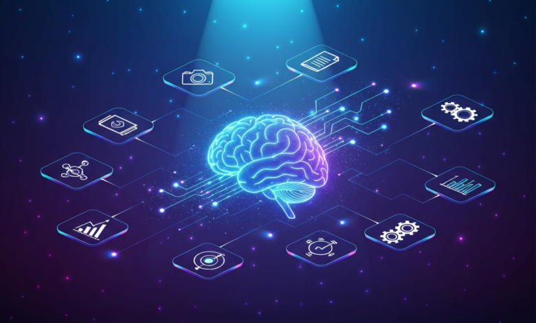 Glowing brain surrounded by icons representing AI functions on a blue background.
