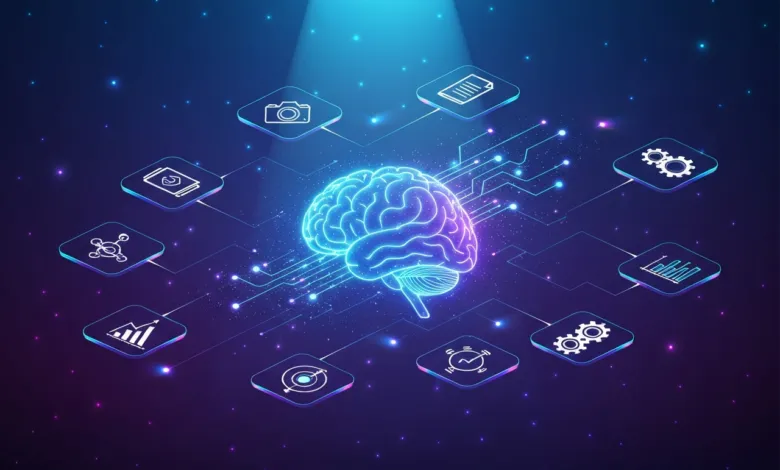 Glowing brain surrounded by icons representing AI functions on a blue background.